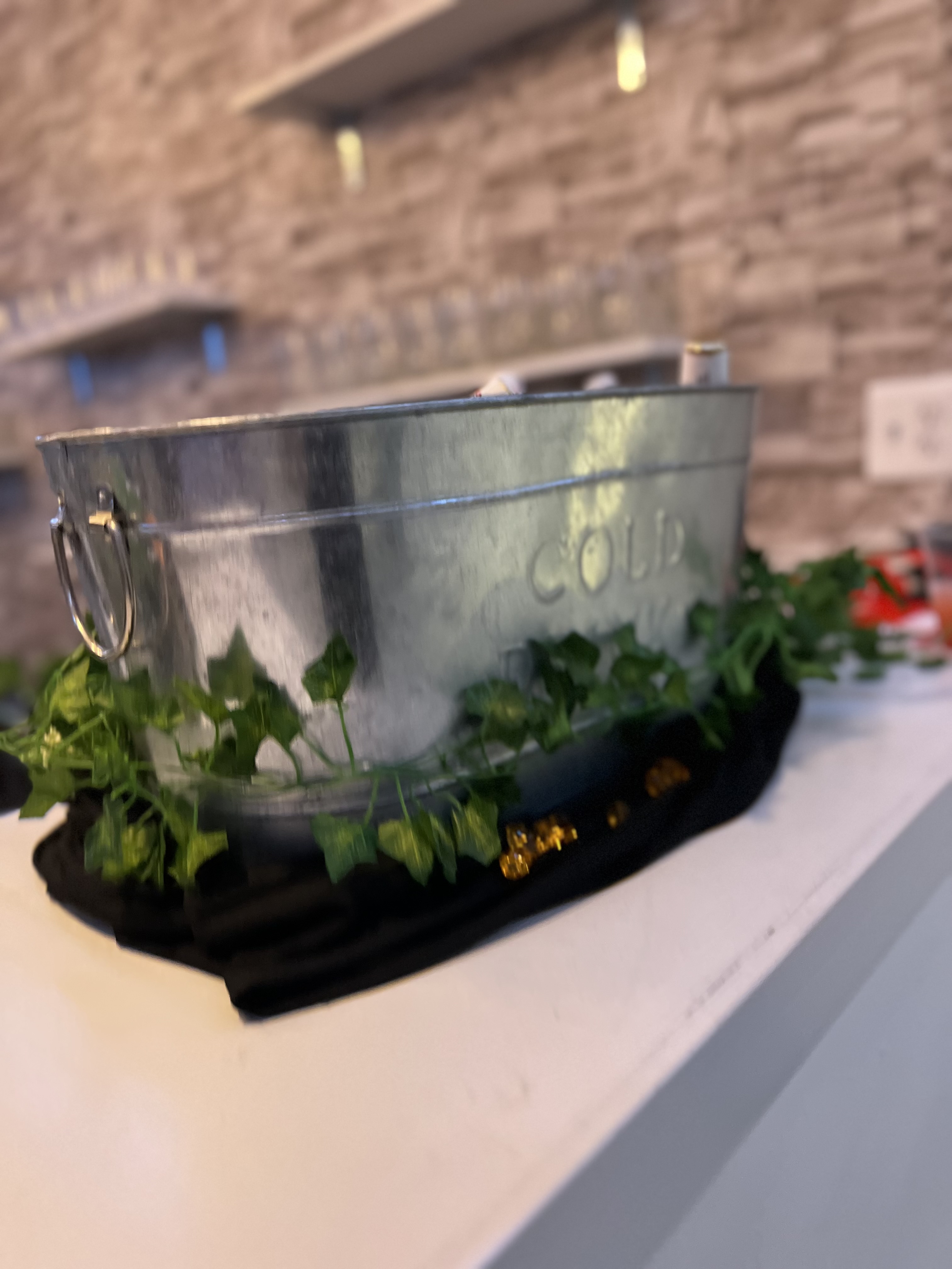 A close-up of a metal bucket with green foliage around its base, placed on a white surface against a brick wall background. the bucket has stylized text that reads "be cool.