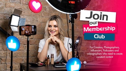 A woman sits at a desk with various recording devices around her, smiling, with a graphic saying "join our membership club" aimed at creators and influencers.